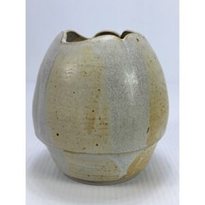 Vintage Studio Art Pottery Stoneware Vase Grey Beige Speckles Signed